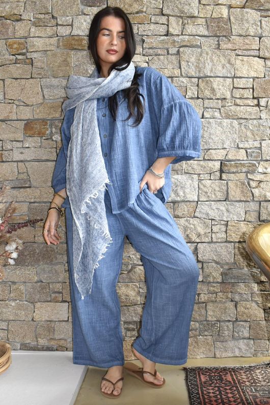 Loom & Thread Pin Tuck Blouse Washed Denim /40=